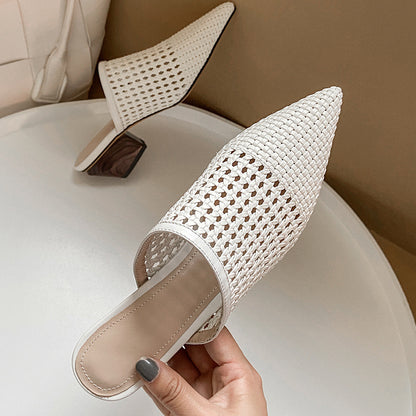 White Hollow Woven Baotou Half Slippers Female Summer Wear Pointed Muller Sandals Dynamic Luxe Clothing