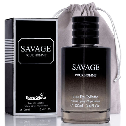 Savage for Men 3.4 Oz Men's Eau De Toilette Spray Refreshing & Warm Masculine Scent for Daily Use Men's Casual Cologne Includes NovoGlow Carrying Pouch Smell Fresh All Day A Gift for Any Occasion Vogue Vibes