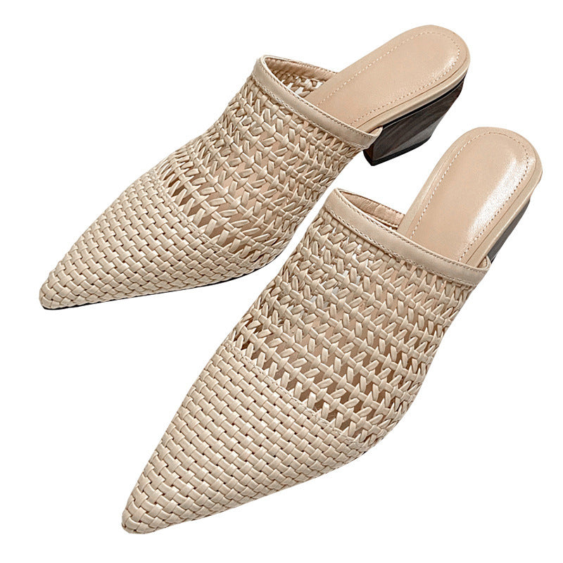 White Hollow Woven Baotou Half Slippers Female Summer Wear Pointed Muller Sandals Dynamic Luxe Clothing