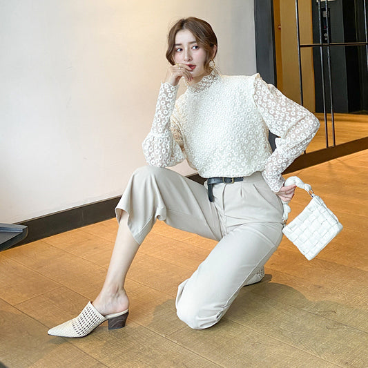 White Hollow Woven Baotou Half Slippers Female Summer Wear Pointed Muller Sandals Dynamic Luxe Clothing