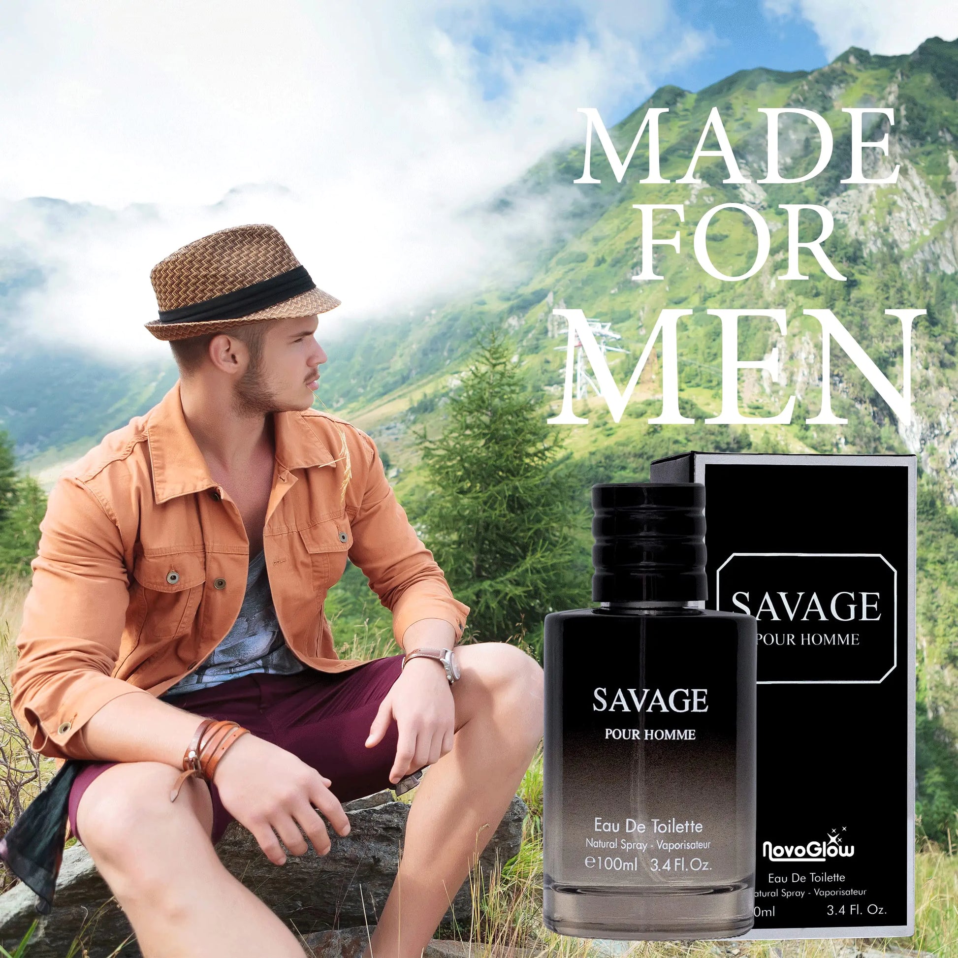 Savage for Men 3.4 Oz Men's Eau De Toilette Spray Refreshing & Warm Masculine Scent for Daily Use Men's Casual Cologne Includes NovoGlow Carrying Pouch Smell Fresh All Day A Gift for Any Occasion Vogue Vibes